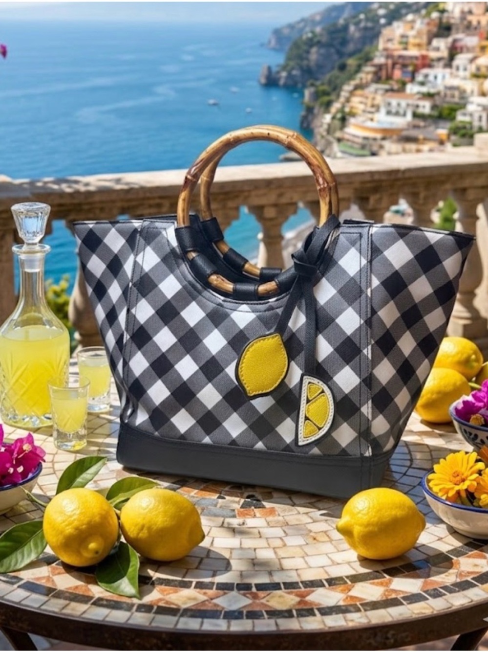 Carlos by Carlos Santana Black & White Gingham Tote with Yellow Lemon Patch L